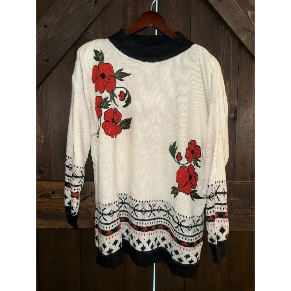 VTG Rafael Sweater Rose Floral Women's Sz L Large Oversized Christmas Nordic